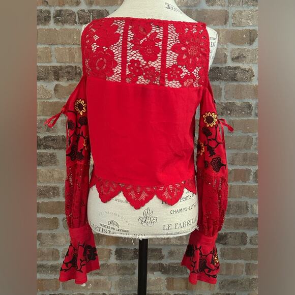 For Love & Lemons $211 Cecelia Crop Top Hot Red sunflower revolve embroidered L - Picture 6 of 10